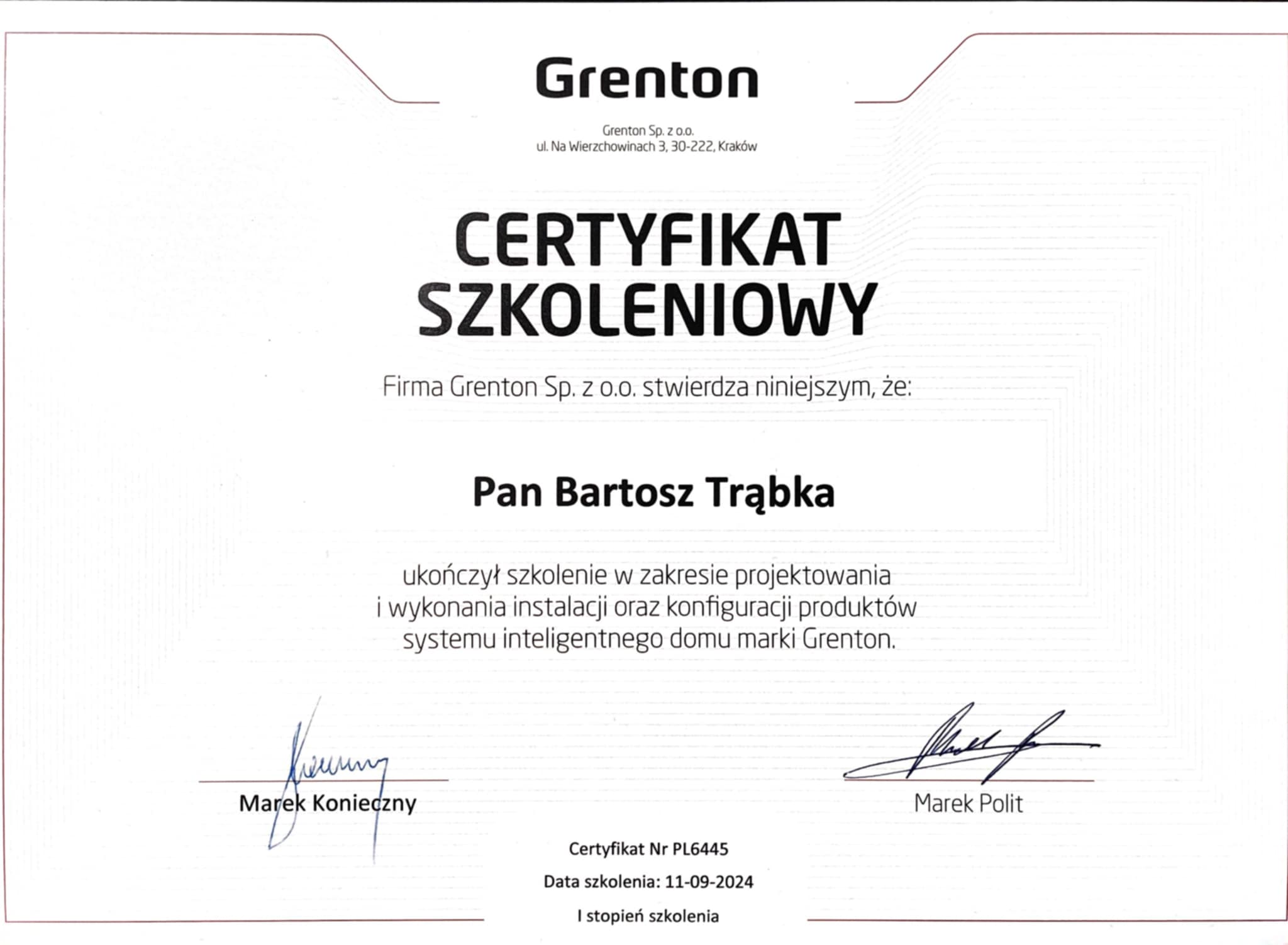 Certyfikat GRENTON – I stopień szkolenia