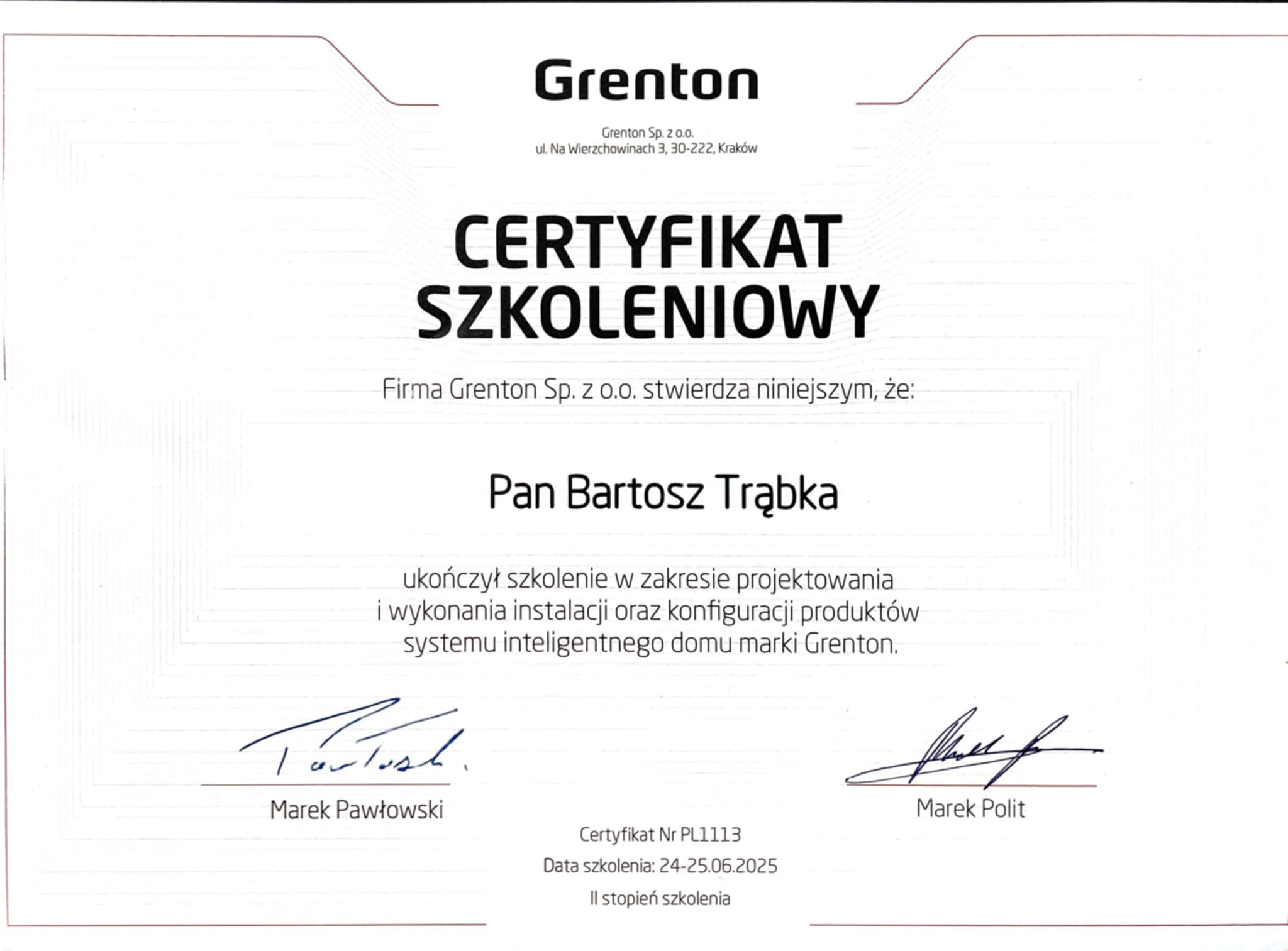 Certyfikat GRENTON – II stopień szkolenia